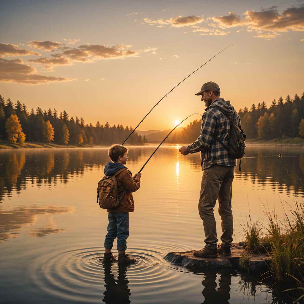 Family with children learning to fish at a lake
